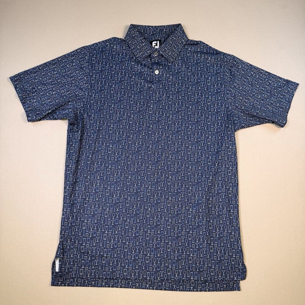 FootJoy FJ Polo Shirt Mens Med Navy Drink Glass All Over Print Golf Performance